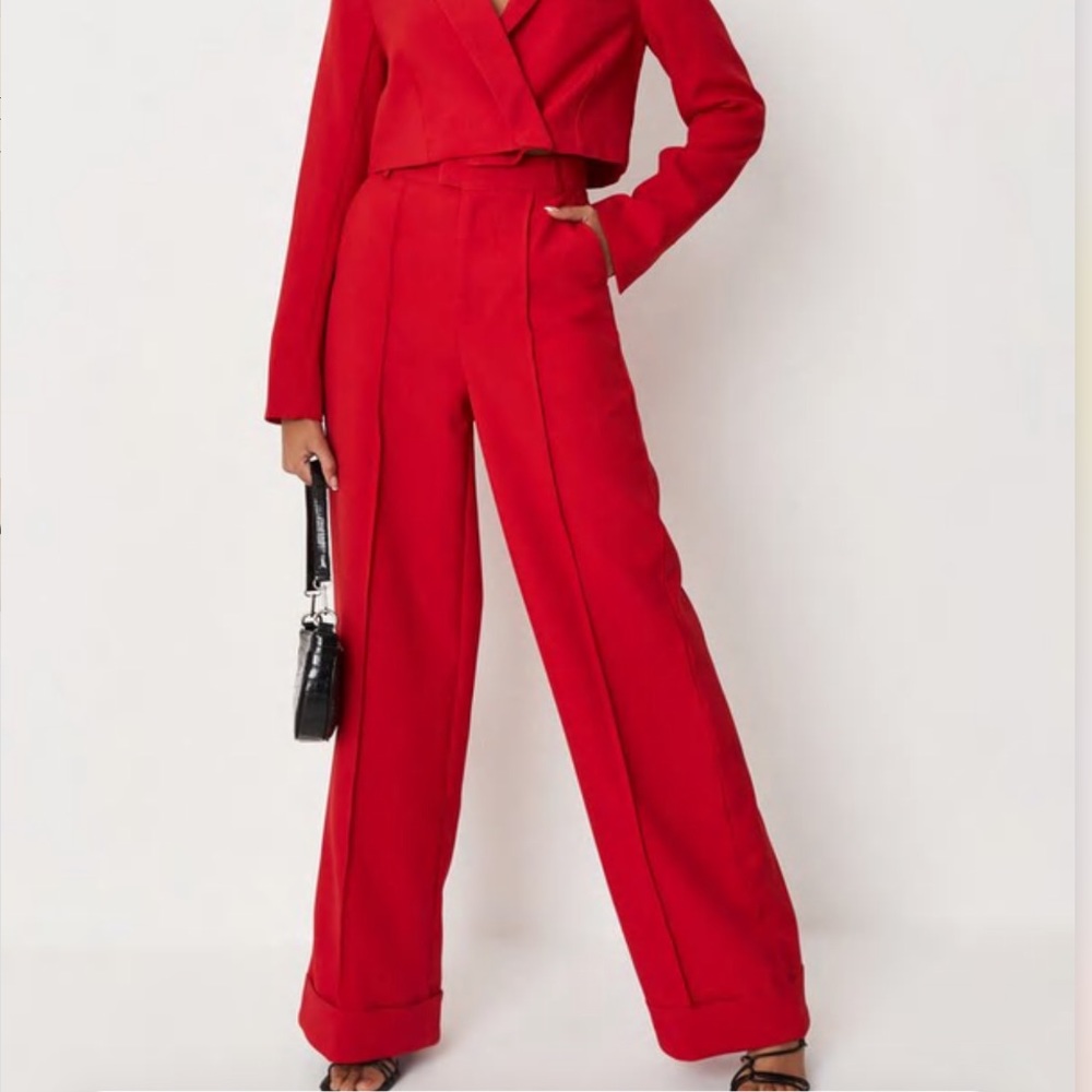 Missguided pleated wide leg tailored pants - red trousers for women
